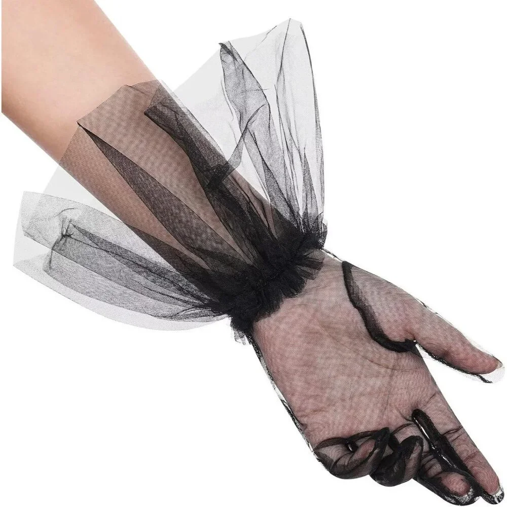 Women's Puffy Ruffle Black Tulle Sheer Mesh Party Prom One Size Short Gloves